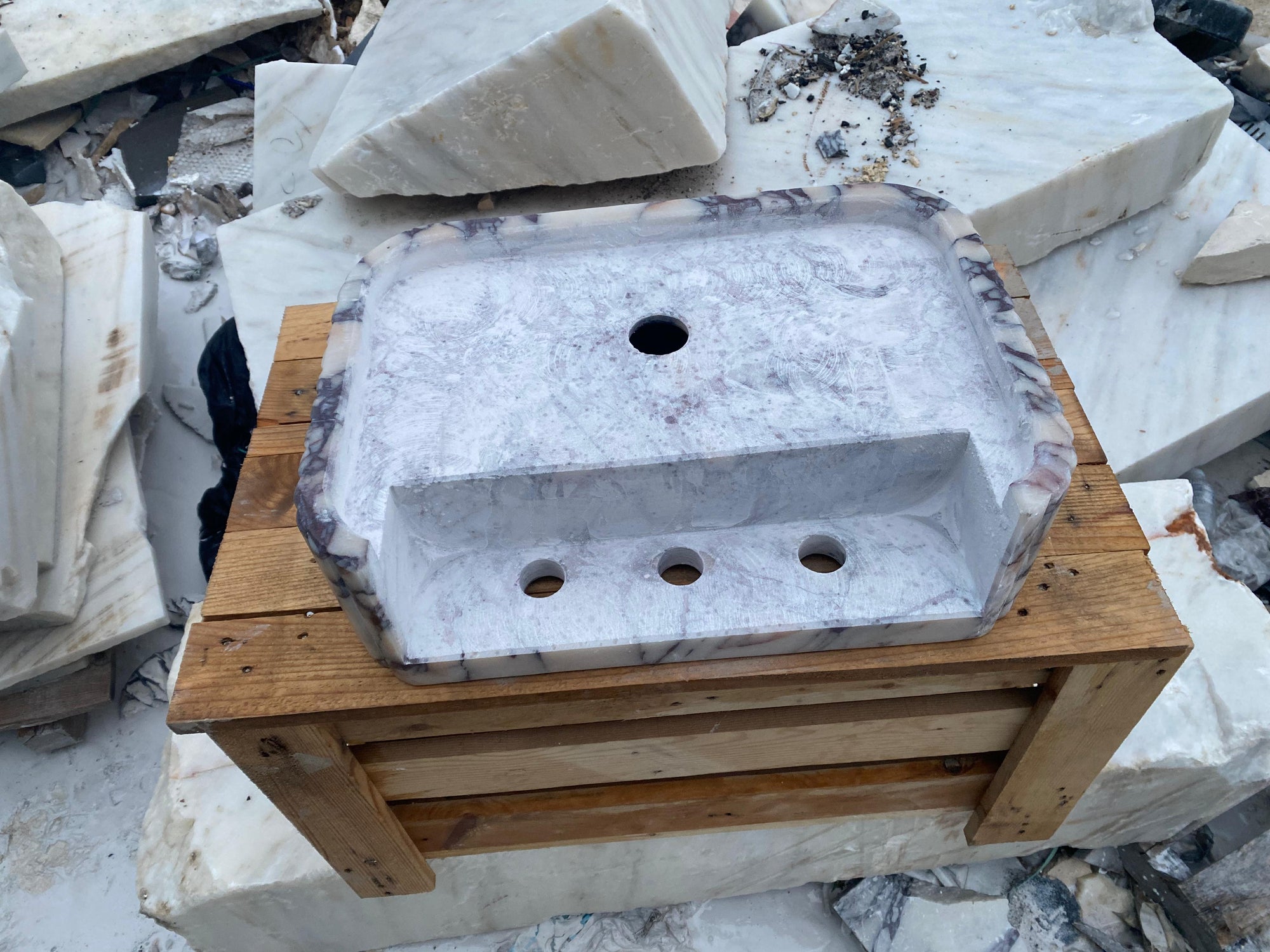 3 Faucet Holes Marble Sink - AMSK250009