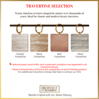 Four square travertine samples with gold rings on a white background, featuring Architect Marble branding.