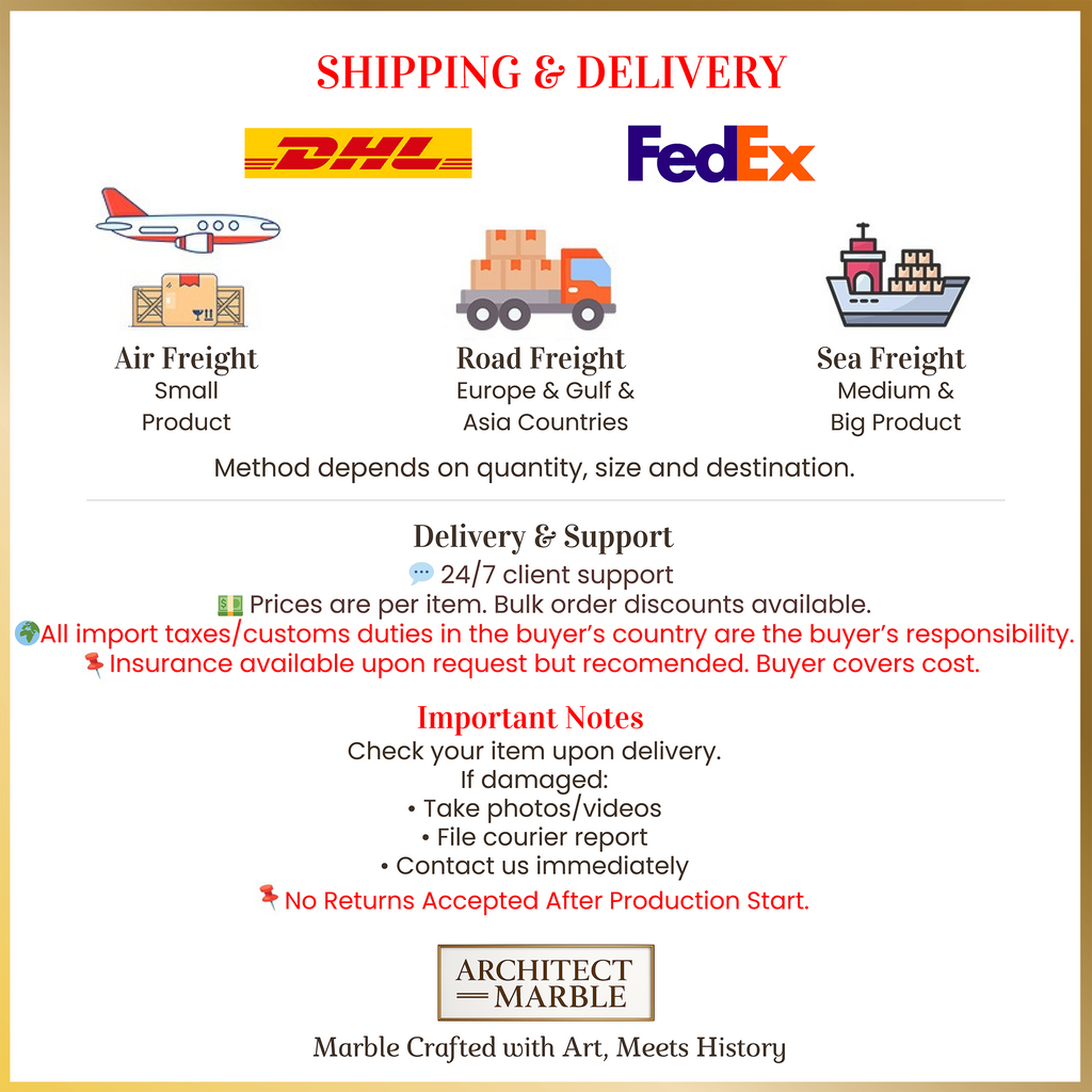 Shipping and delivery information with DHL, FedEx, and icons for air, road, and sea freight.