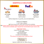 Shipping and delivery information with DHL, FedEx, and icons for air, road, and sea freight.
