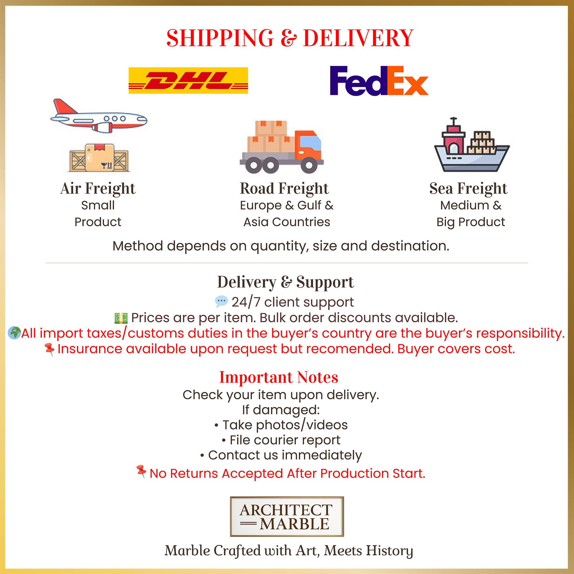 Shipping and delivery information with DHL, FedEx, and icons for air, road, and sea freight.