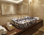 Bathroom with marble sink and wooden vanity