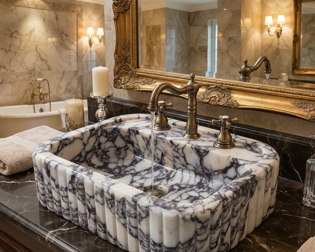 Luxurious bathroom with marble sink, bathtub, and ornate mirror.