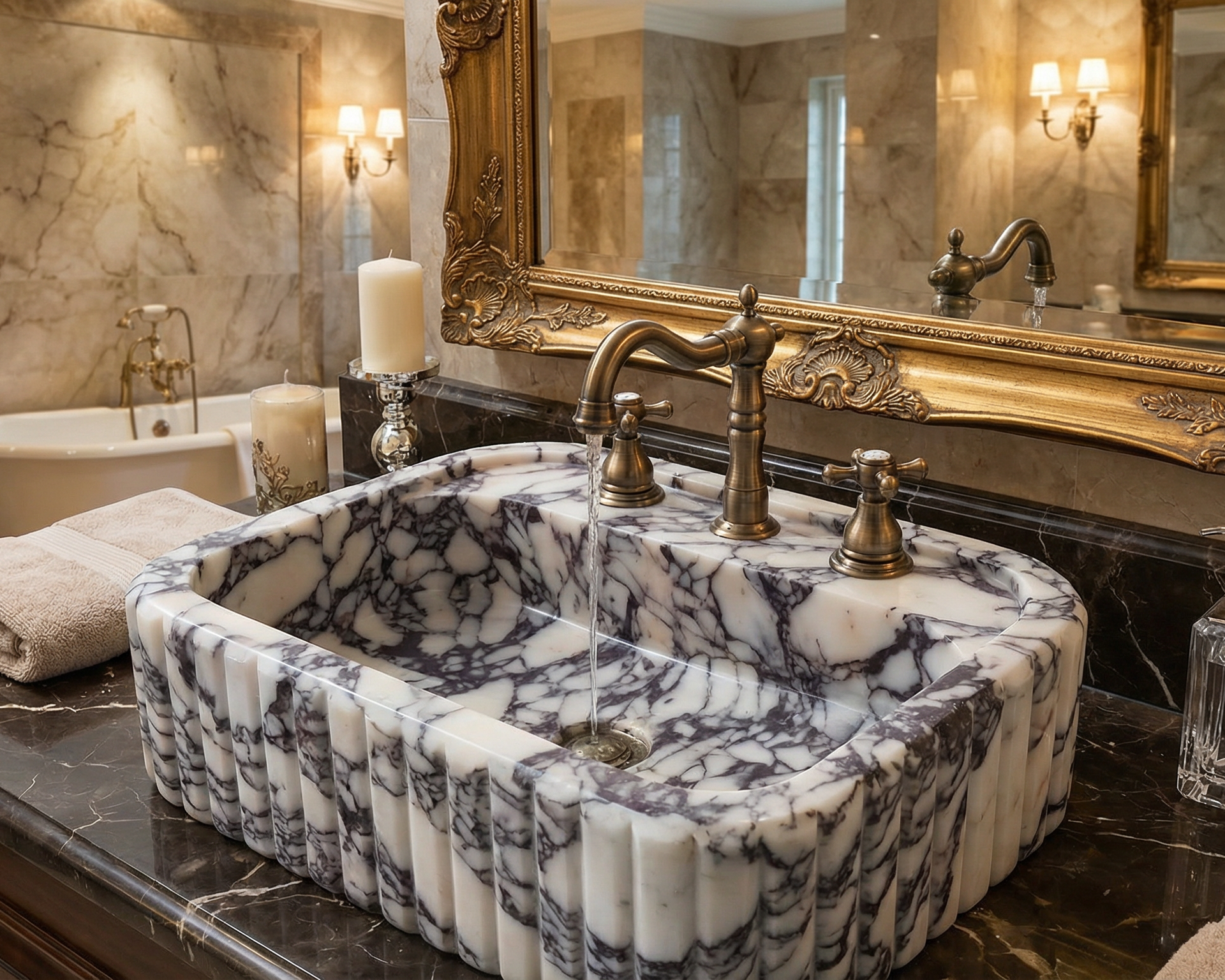 Luxurious bathroom with marble sink, bathtub, and ornate mirror.