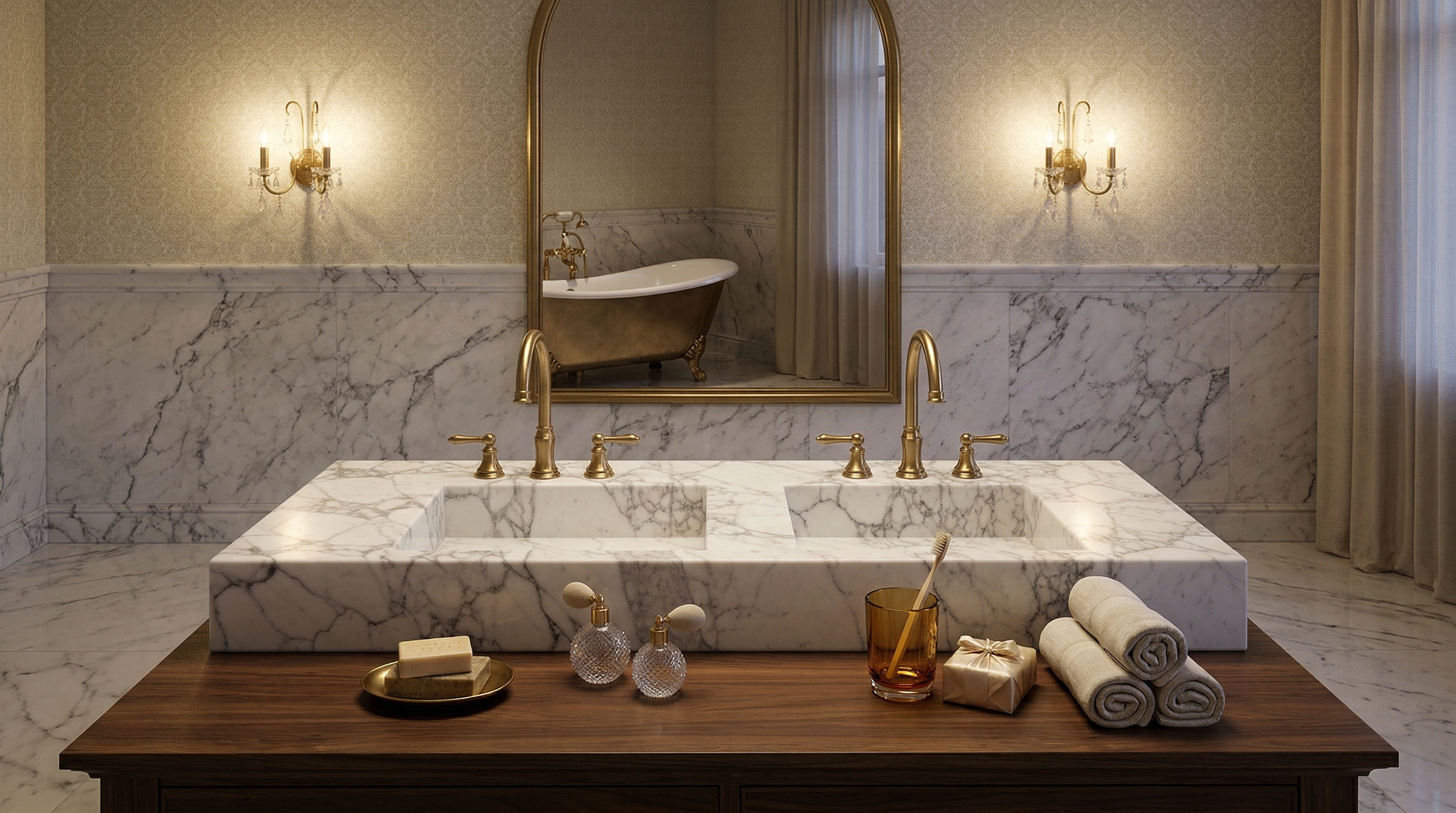 Handcrafted Double Arabescato Marble Sink– AMSK26001