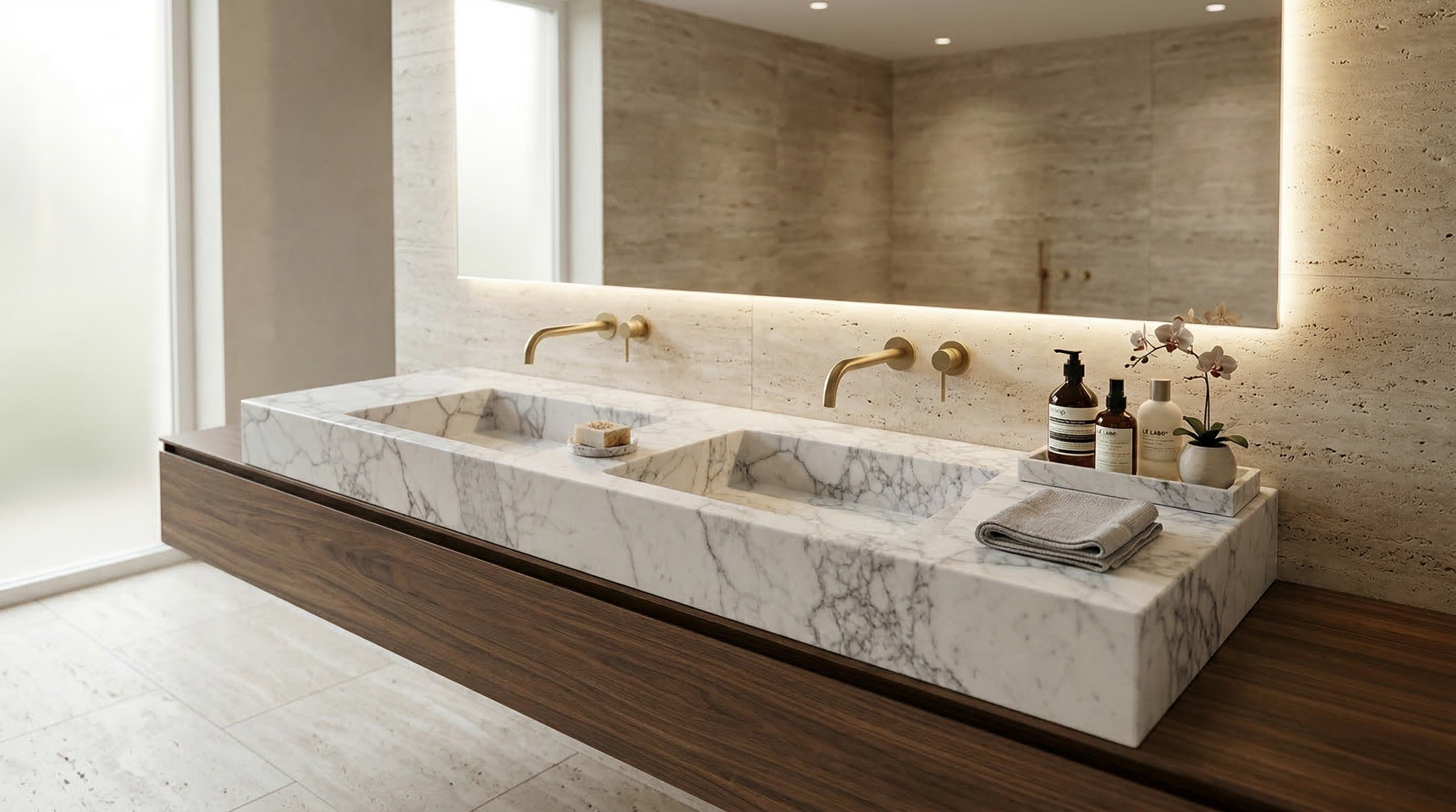 Handcrafted Double Arabescato Marble Sink– AMSK26001