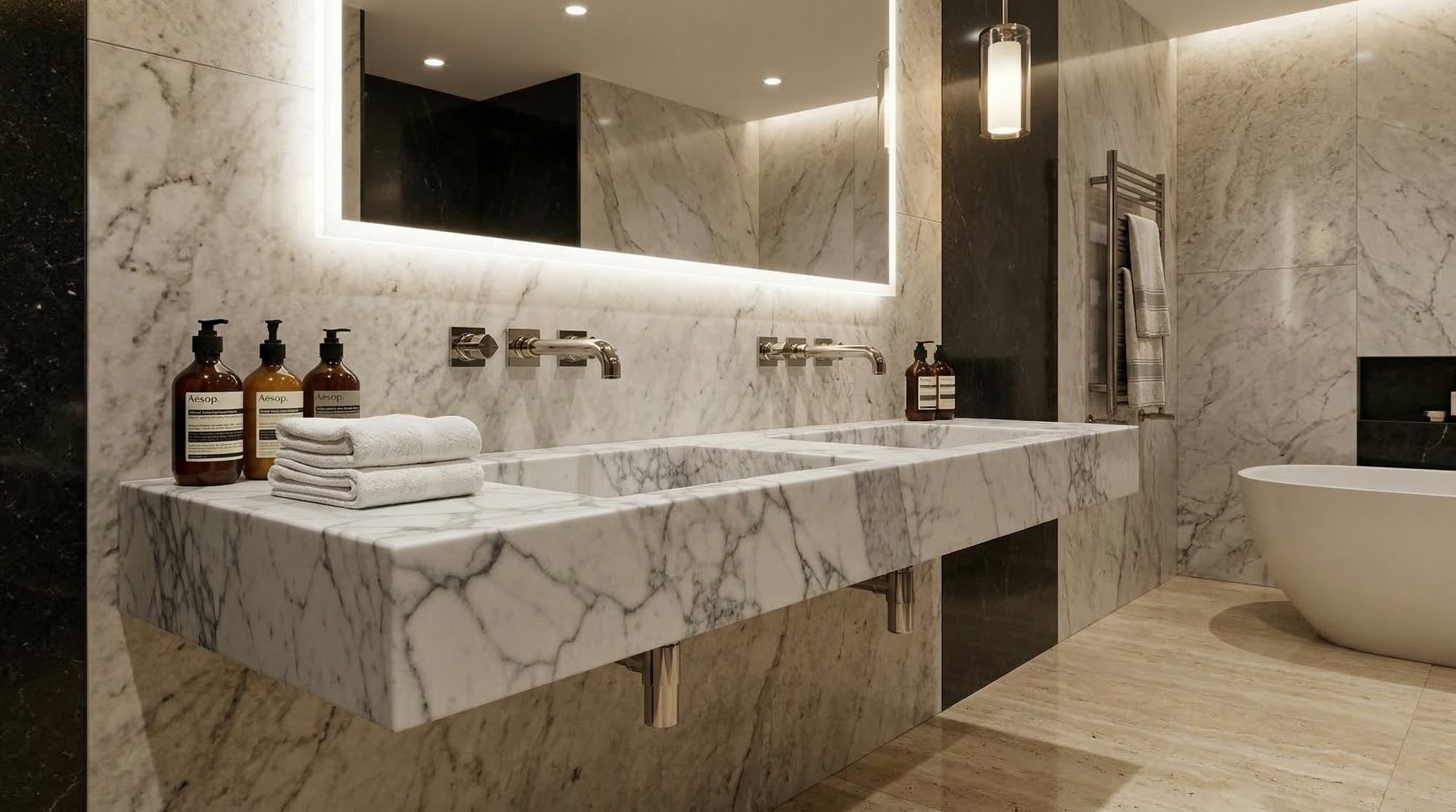 Handcrafted Double Arabescato Marble Sink– AMSK26001