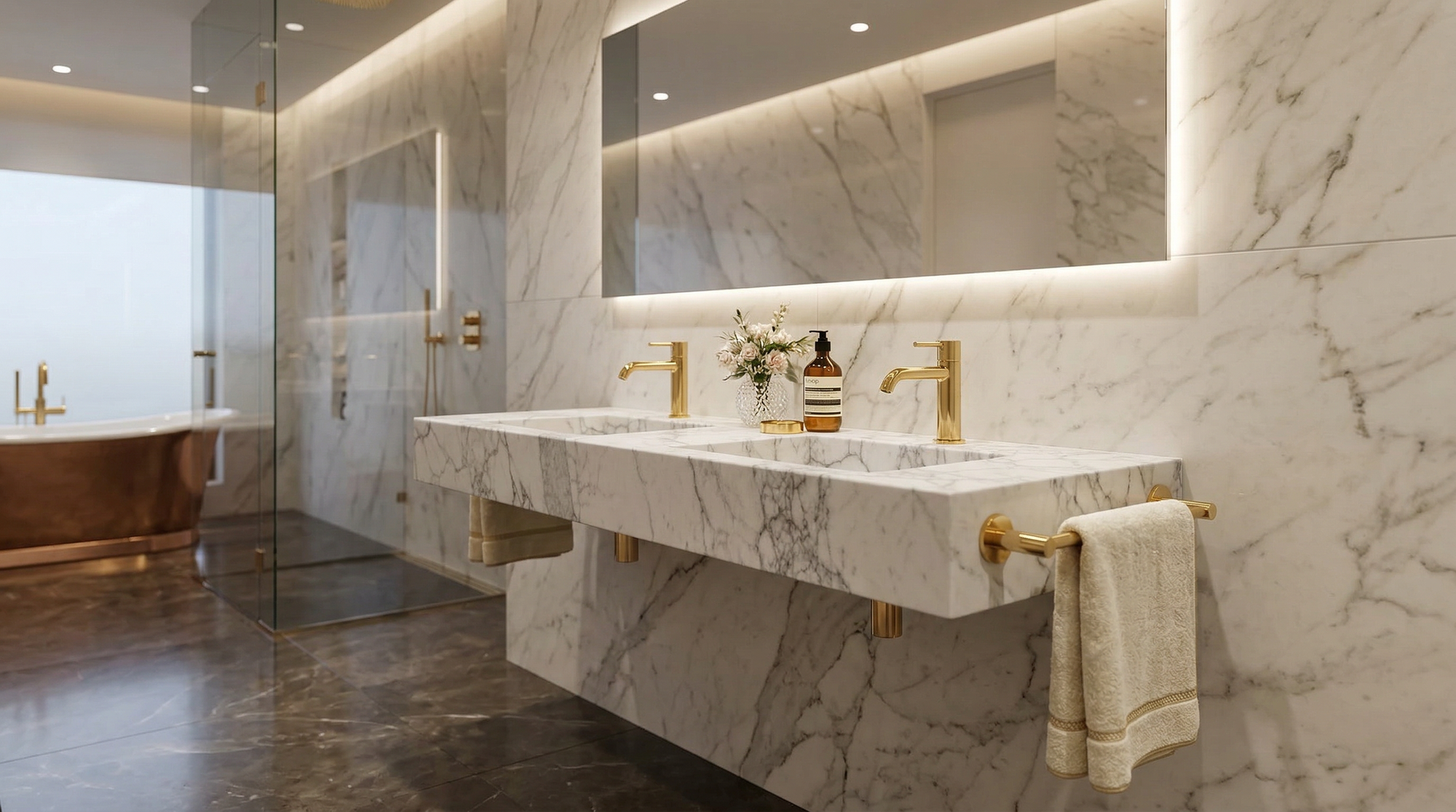 Handcrafted Double Arabescato Marble Sink– AMSK26001