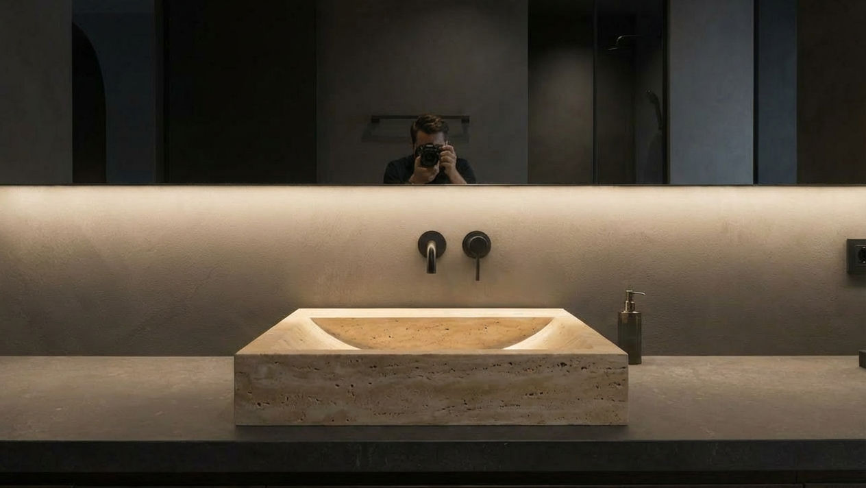 Bathroom sink with a mirror above it, reflecting a person taking the photo.