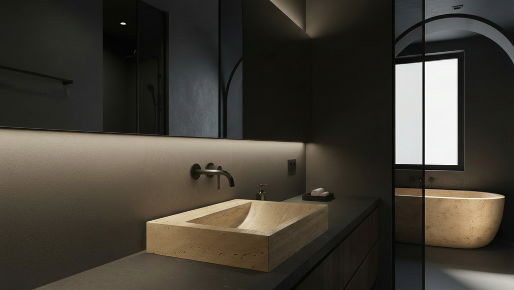 Modern bathroom with a stone sink and minimal lighting