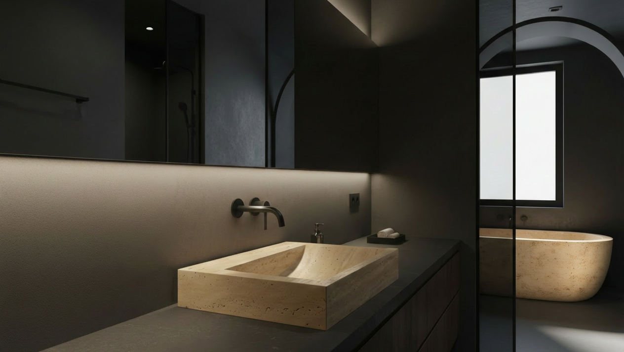 Modern bathroom with a stone sink and minimal lighting