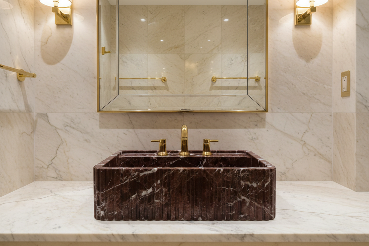 3 Faucet Holes Marble Sink - AMSK250003