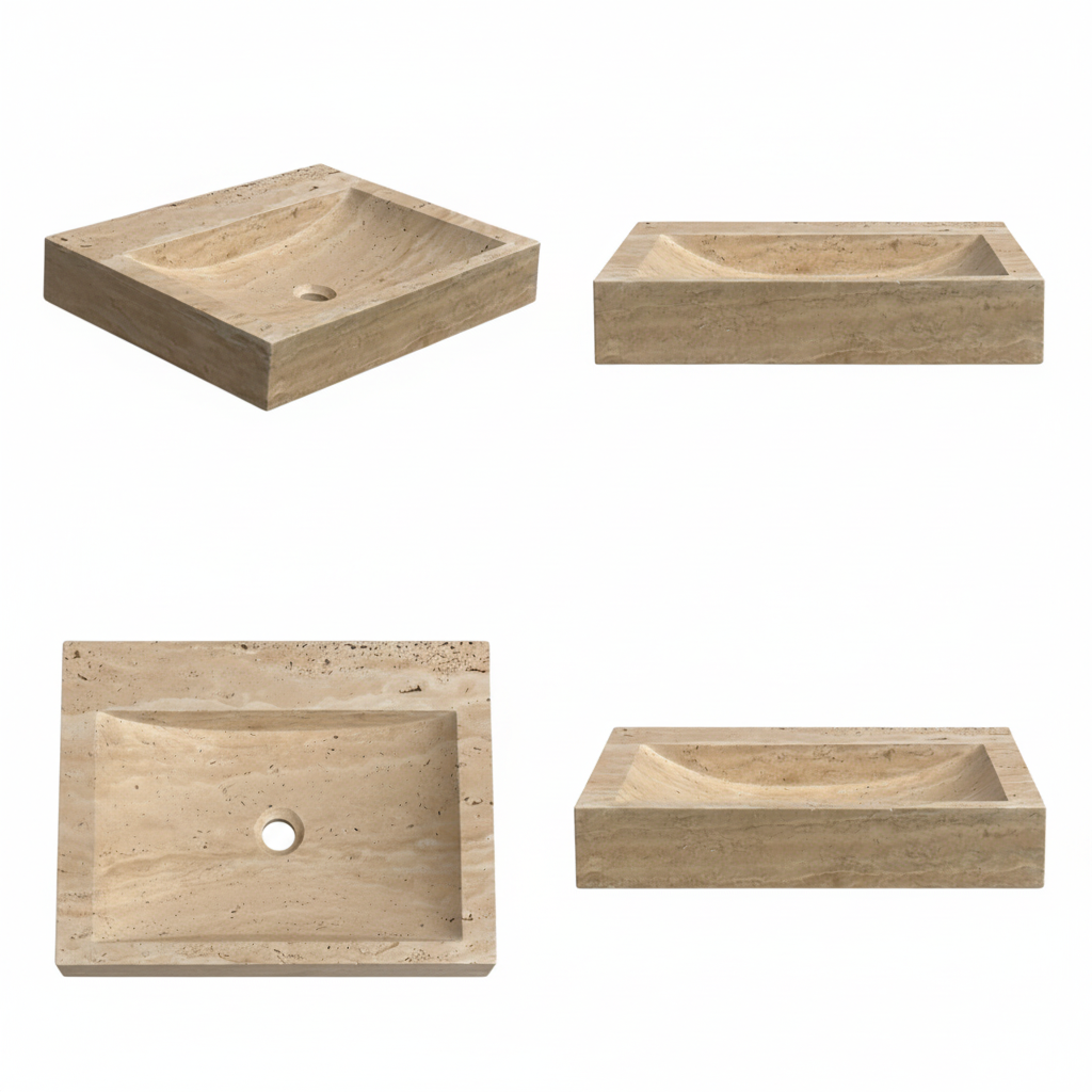 Four square stone sinks with different orientations on a white background